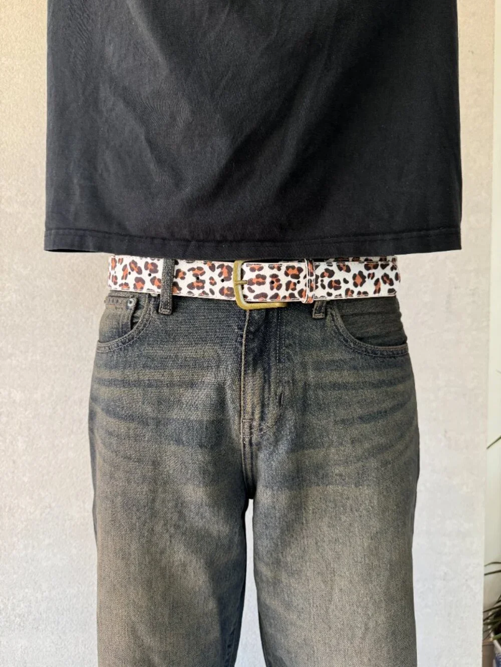 White Cheetah Print Brass Buckle Belt